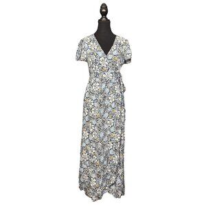 Patrons of Peace Blue Floral.Maxi Dress Small Rayon Wrap Style Short Sleeve Boho
